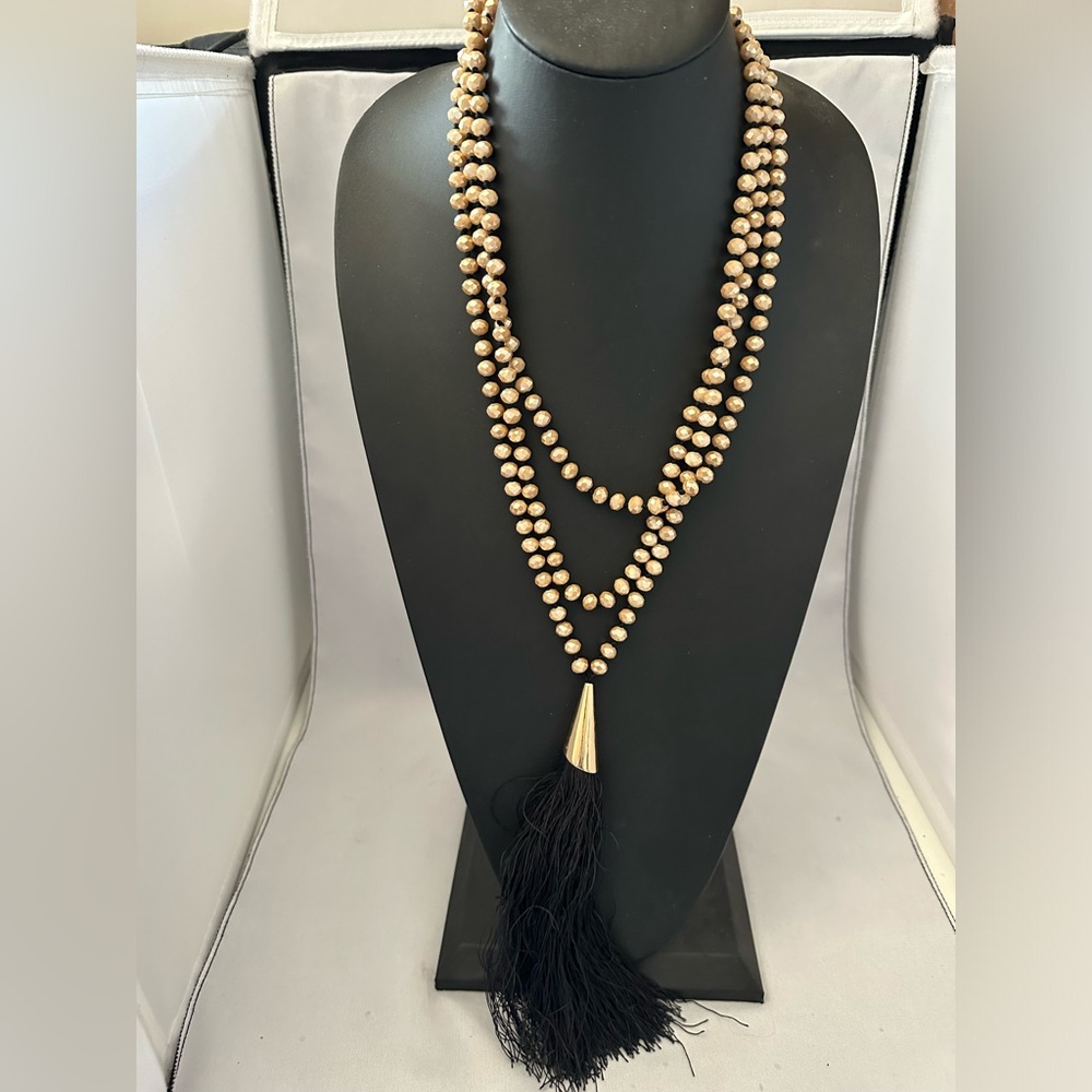 C1946 long champagne bead necklace with long black tassel